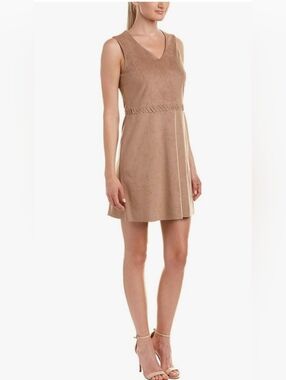 CECE Women’s Beige Tan Brown Faux Suede Sleeveless V Neck Mini A-Line Dress 0